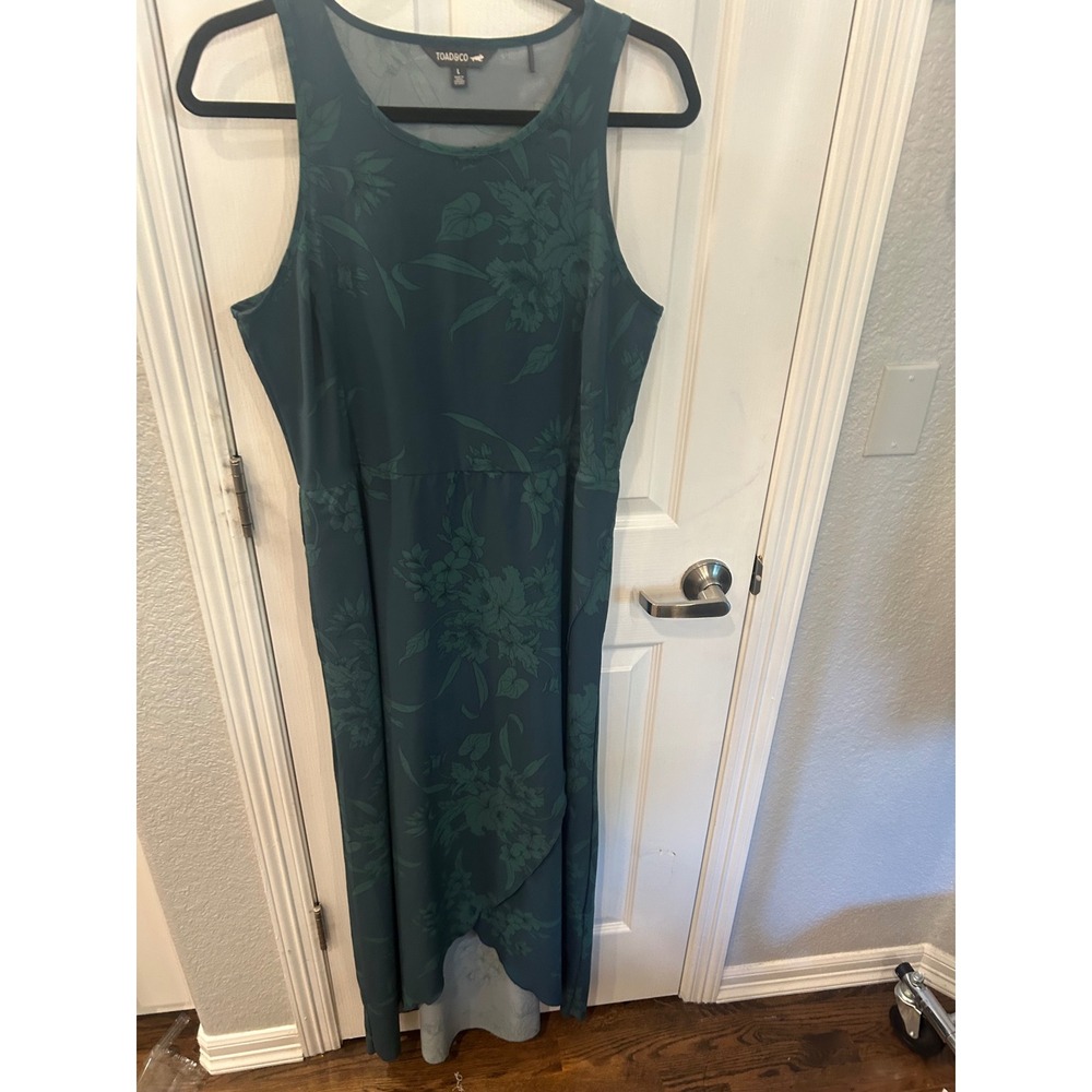 Toad&Co Maxi Dress Teal Green Floral Cutout Back Tulip Hem Sleeveless L